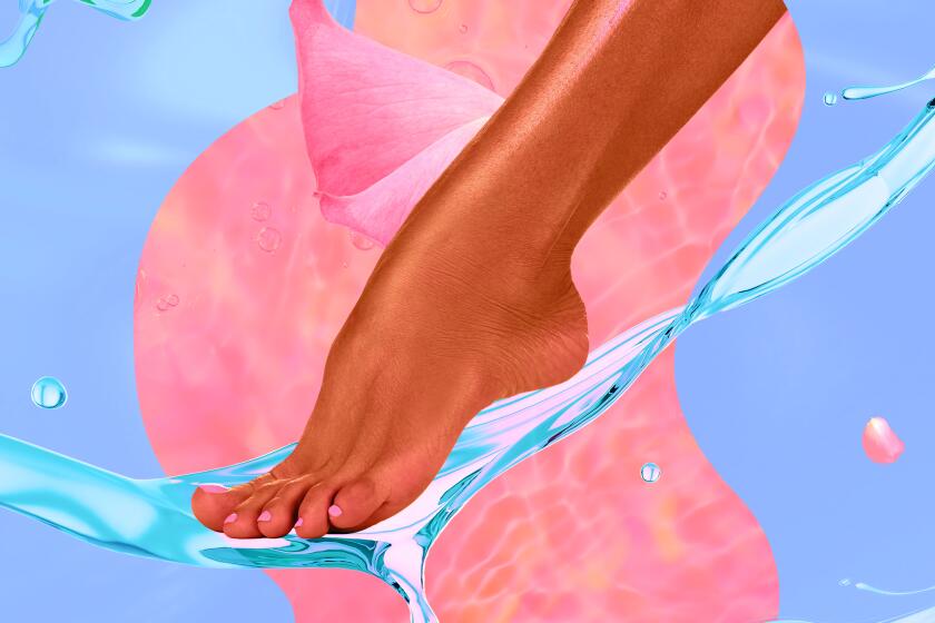 an abstract collage of a brown foot resting on a swirl of water with pink petals and other water swirls surrounding it