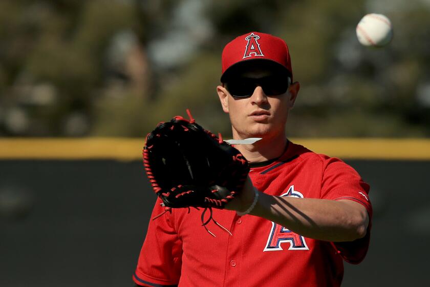 Angels pitcher Garrett Richards warms up during spring training in Tempe, Ariz., on March 4.