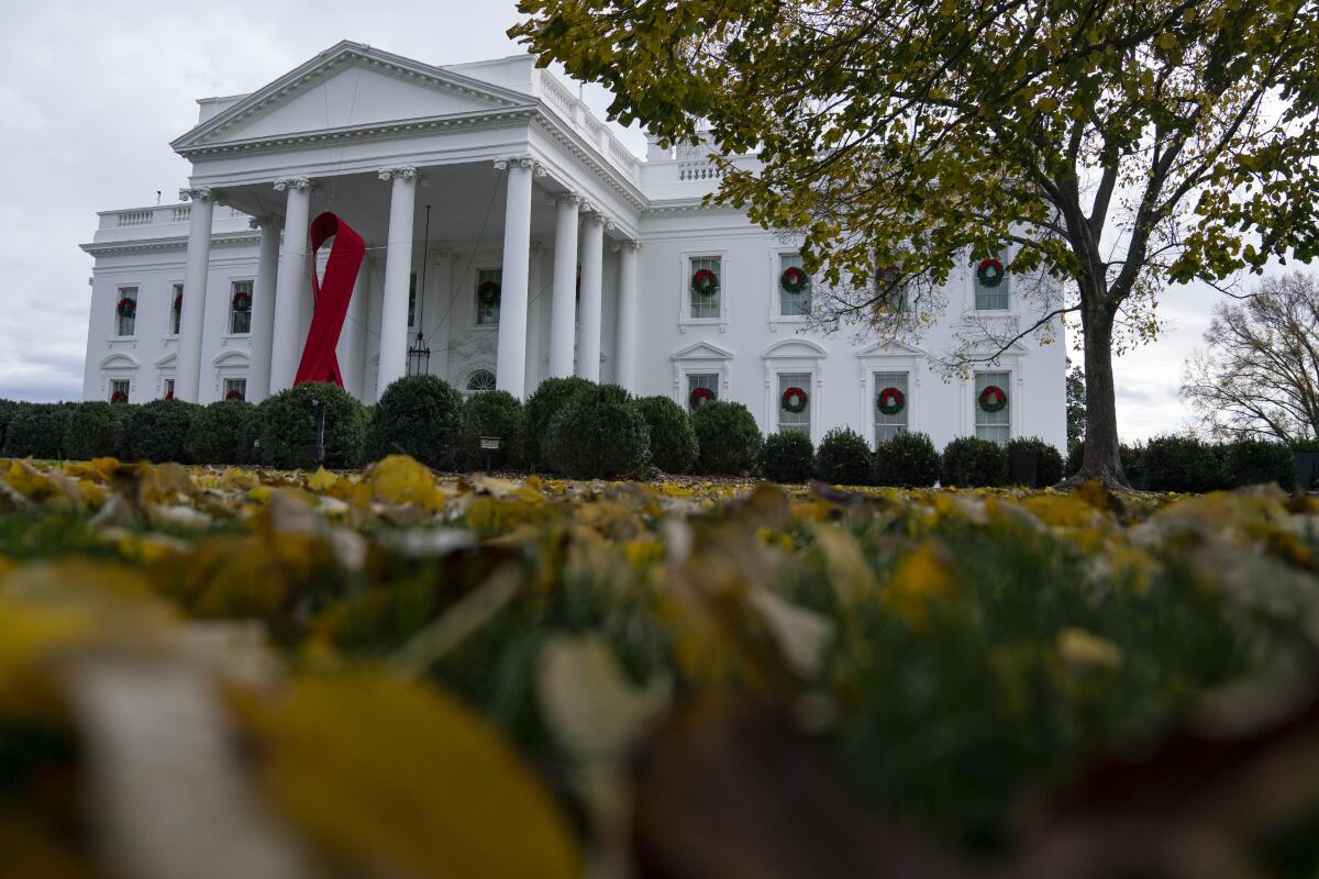 A ribbon hangs on the White House for World AIDS Day 2020 on Tuesday.