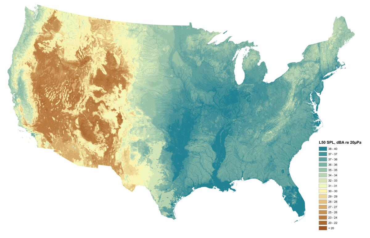 This map shows sound levels at natural conditions. Wetter areas with more vegetation tend to have higher sound levels. This is due to the sounds of wind blowing through plants, flowing water and more animals such as birds and frogs making vocalizations.