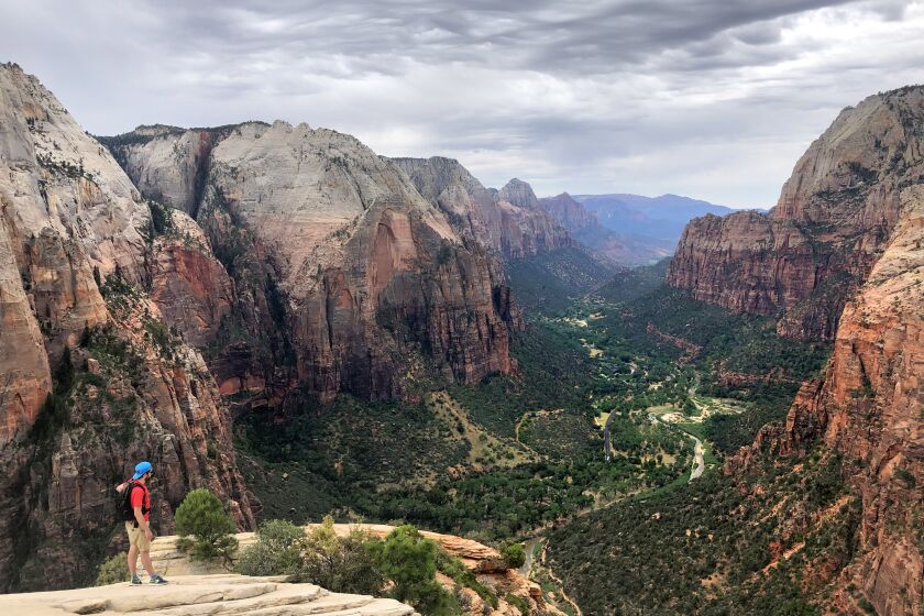 ZION NATIONAL PARK, UTAH AUGUST 5, 2019 -- A hiker takes in the view from the top of Angels Landing in Zion National Park. This Angels Landing hike features a climb along the narrow ridge with chain-assisted rock sections and stunning views. (Marc Martin / Los Angeles Times)
