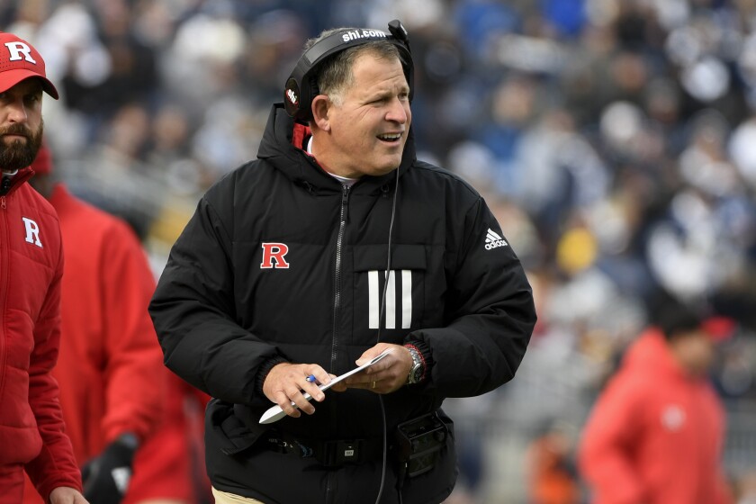 FILE - Rutgers coach Greg Schiano watches the team play Penn State during an NCAA college football game in State College, Pa., Saturday, Nov. 20, 2021. Rutgers is making its first bowl appearance since 2014 and is doing so on short notice. (AP Photo/Barry Reeger, File)
