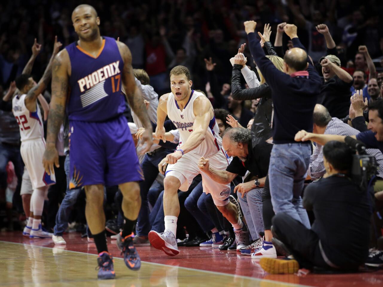 Blake Griffin celebrates after hitting a game-winning three-pointer against the Suns. Griffin had 45 points in the Clippers' 121-120 win over the Suns in overtime.
