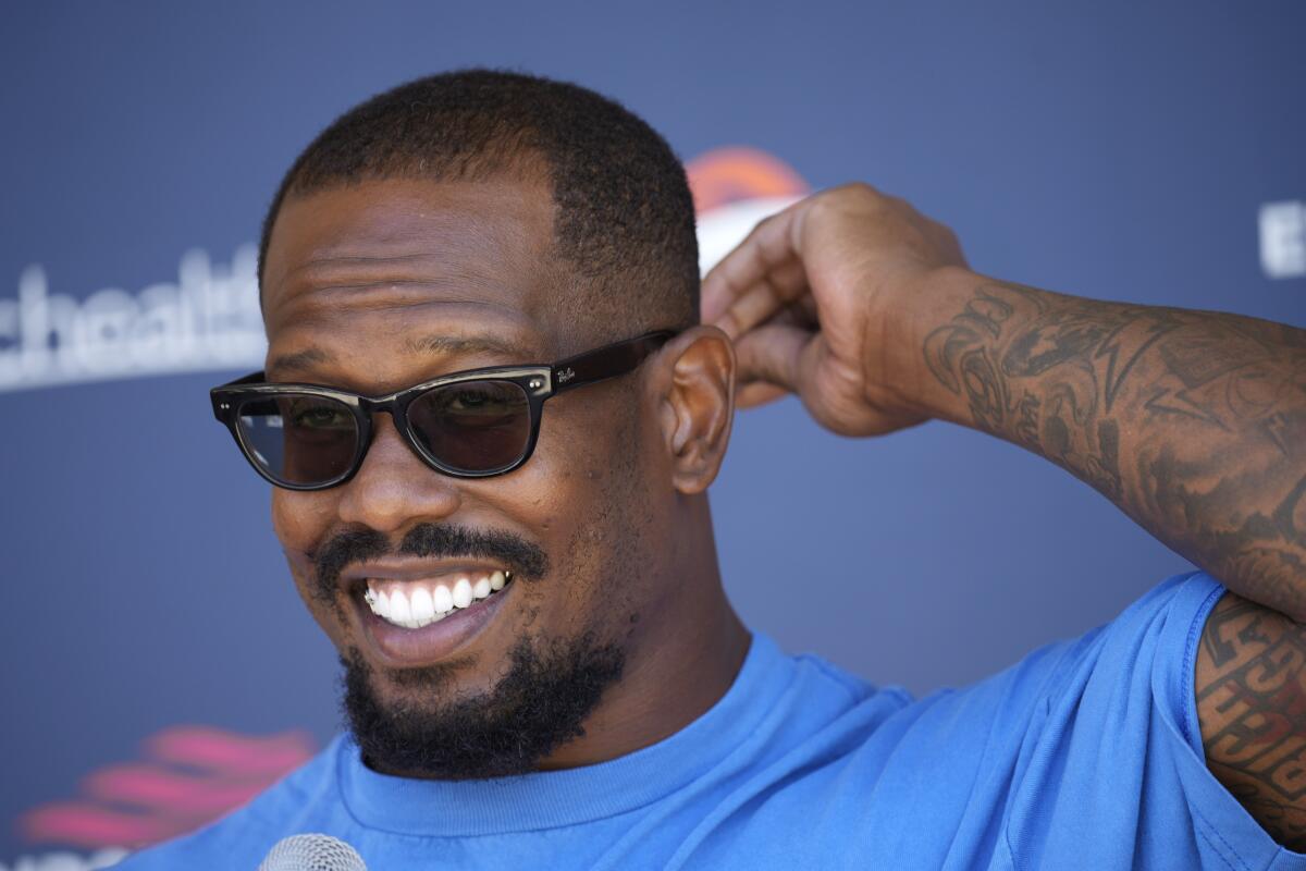 Denver Broncos outside linebacker Von Miller responds to a question during a news conference Thursday, Sept. 16, 2021, at the NFL football team's headquarters in Englewood, Colo. (AP Photo/David Zalubowski)