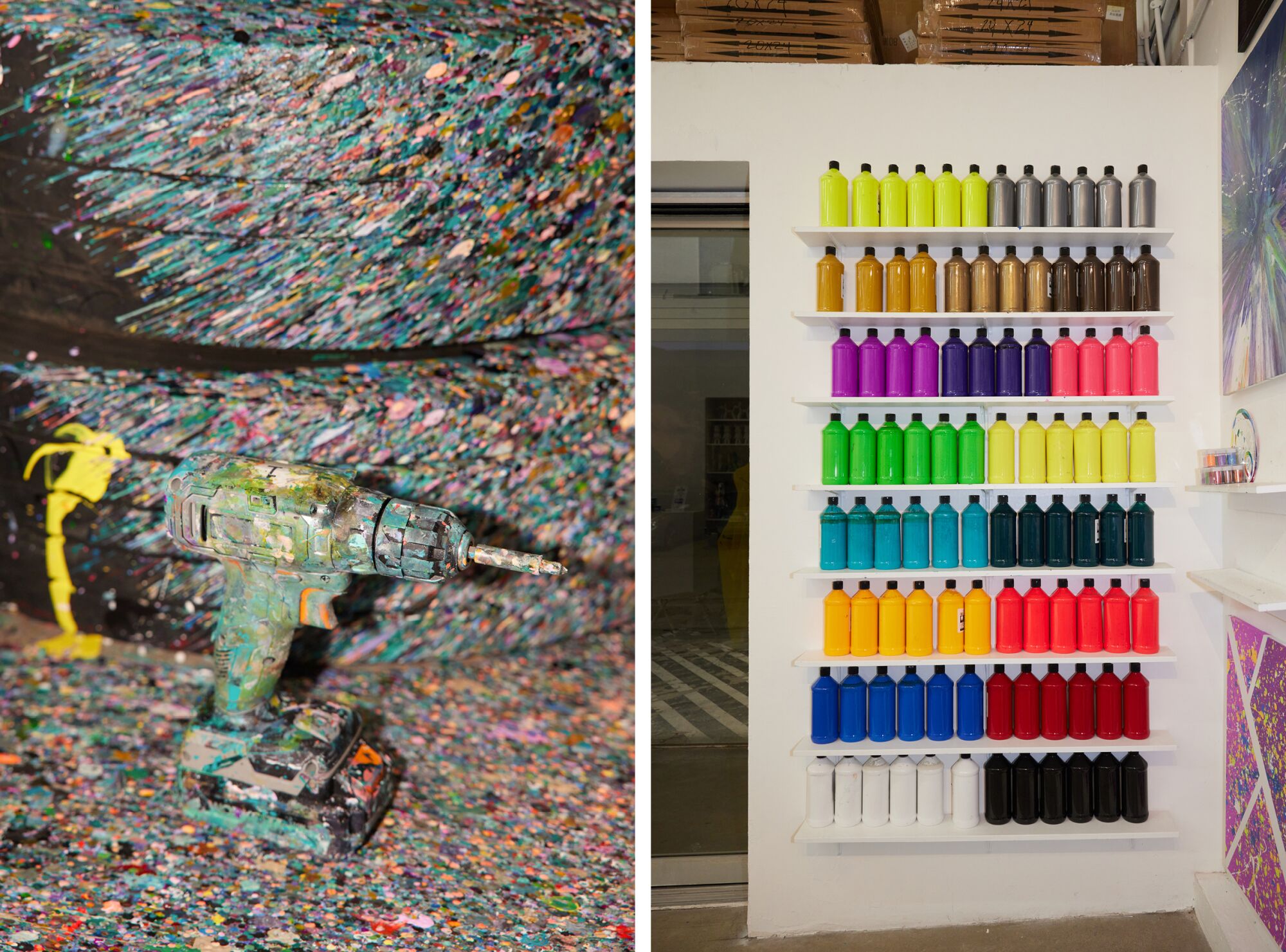 A drill covered in paint stands on the floor, next to an image of bottles of paint on white shelves.