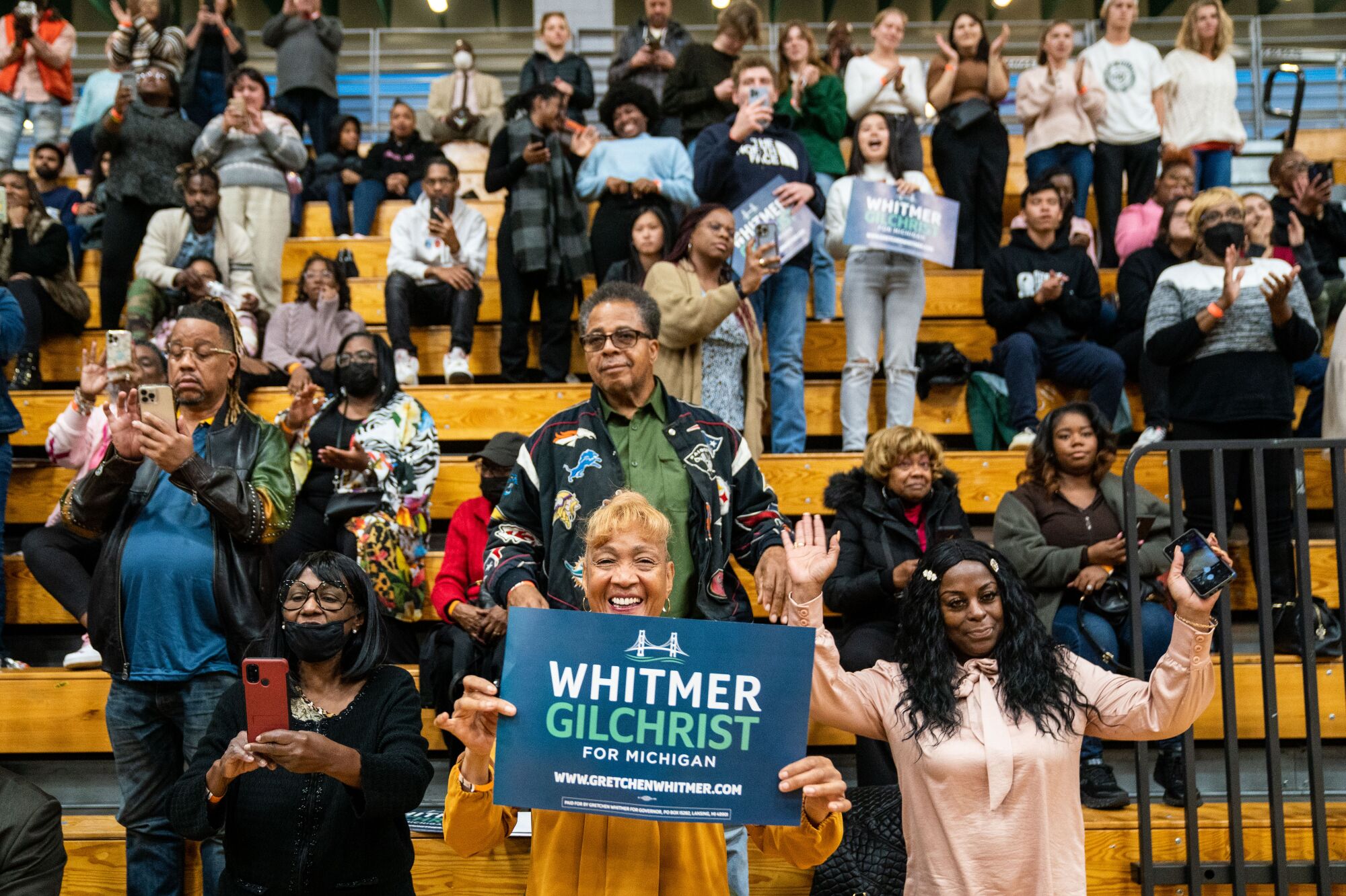 Supporters cheer for Gov. Gretchen Whitmer.