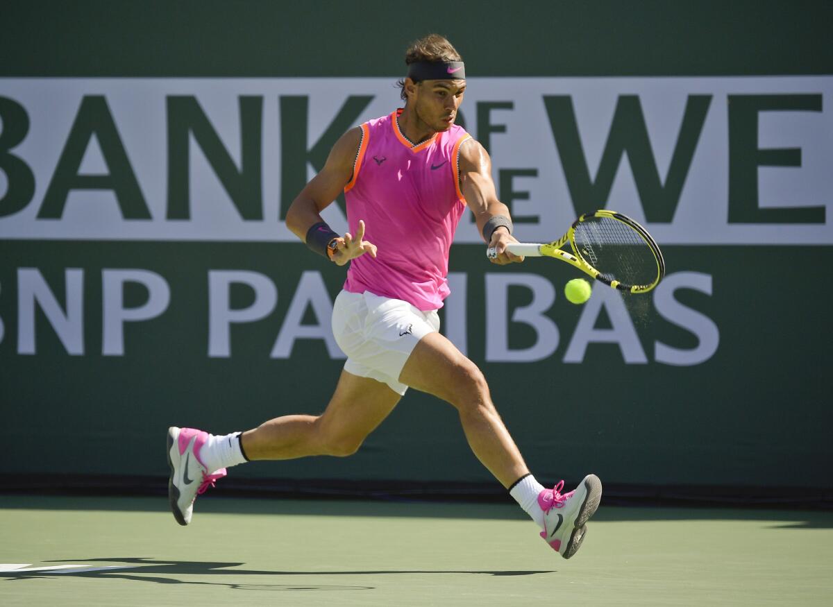 Rafael Nadal plays at the 2019 BNP Paribas Open tennis tournament in Indian Wells. 