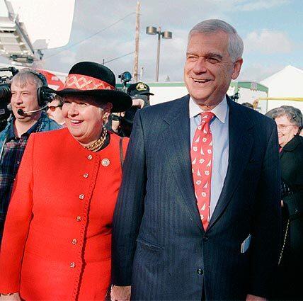 In a Dec. 1, 1995, photo, Sen. Mark Hatfield and his wife, Antoinette, arrive for a visit to Silverton, Ore.