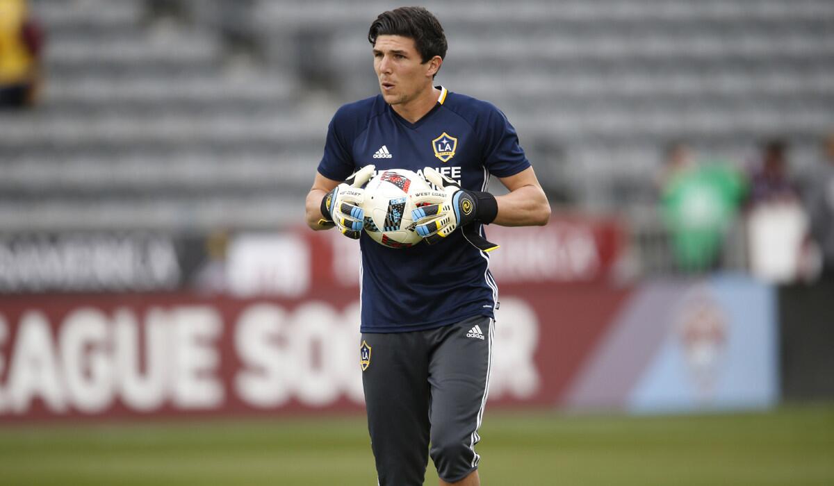 Los Angeles Galaxy goalkeeper Brian Rowe plays in the first half of a soccer game on March 12.