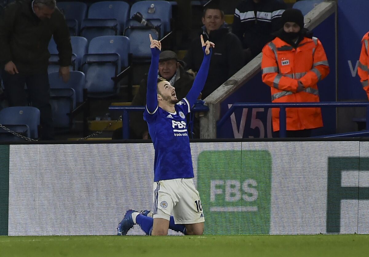 Leicester's James Maddison celebrates after scoring his side's fourth goal during the English Premier League soccer match between Leicester City and Newcastle United at King Power stadium in Leicester, England, Sunday, Dec. 12, 2021. (AP Photo/Rui Vieira)