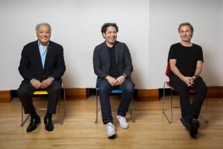 L.A. Phil music directors past and present — Zubin Mehta, left, Gustavo Dudamel and Esa-Pekka Salonen — photographed in 2019.