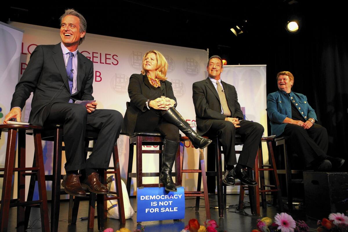 Candidates for the Los Angeles County Board of Supervisors, from left, Bobby Shriver and Pamela Conley Ulich, said they would consider expanding the Board of Supervisors while John Duran and Sheila Kuehl expressed doubt.