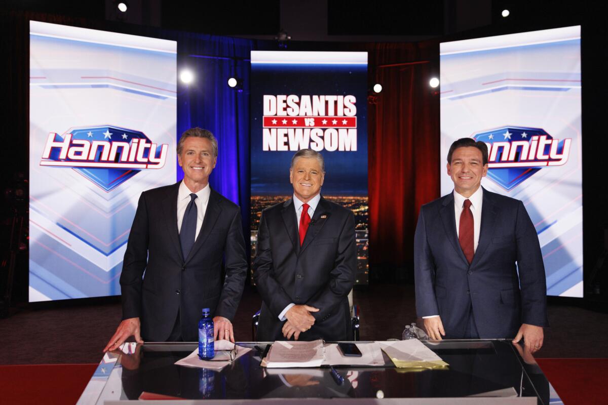 From "Sean Hannity's DeSantis vs. Newsom: The Great Red vs. Blue State Debate on Fox News Channel on Thursday, Nov. 30, 2023.