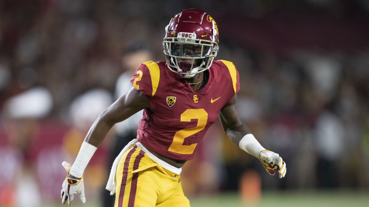 USC cornerback Olaijah Griffin is pictured in the 2019 season against Fresno State.