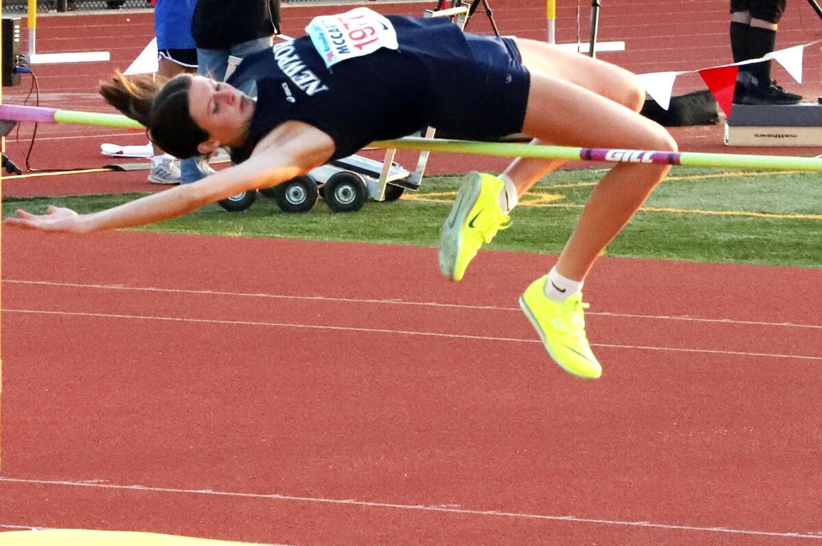 Newport Harbor's Natalie McCarty competes in the high jump in the Arcadia Invitational on Saturday.