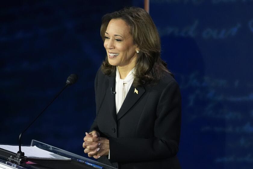 Democratic presidential nominee Vice President Kamala Harris listens during a presidential debate with Republican presidential nominee former President Donald Trump at the National Constitution Center, Tuesday, Sept.10, 2024, in Philadelphia. (AP Photo/Alex Brandon)