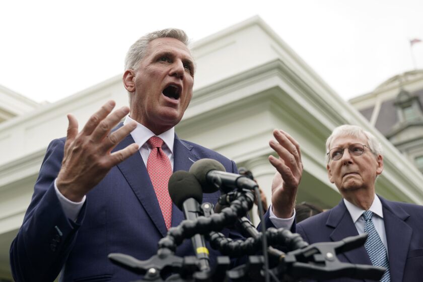 House Speaker Kevin McCarthy of Calif., and Senate Minority Leader Mitch McConnell of Ky., talk to reporters after meeting with President Joe Biden, Vice President Kamala Harris, House Minority Leader Hakeem Jeffries of N.Y., and Senate Majority Leader Chuck Schumer of N.Y., in the Oval Office of the White House, Tuesday, May 16, 2023, in Washington, about the debt ceiling. (AP Photo/Manuel Balce Ceneta)