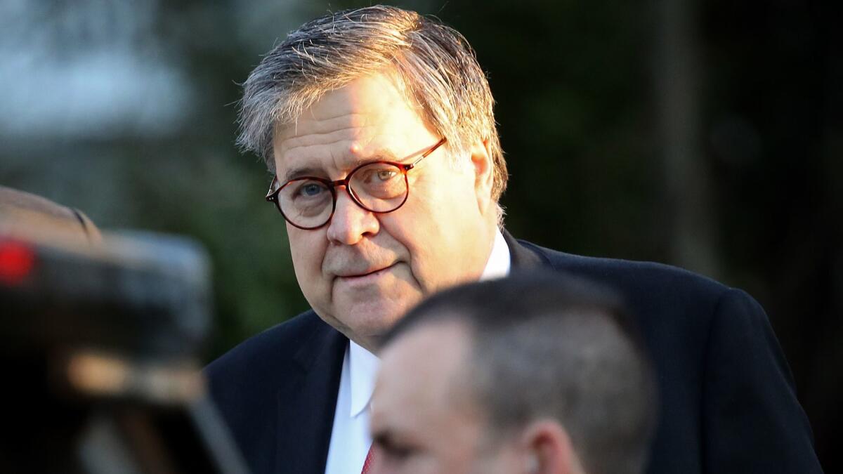 Atty. Gen. William Barr departs his home on March 26 in McLean, Virginia.