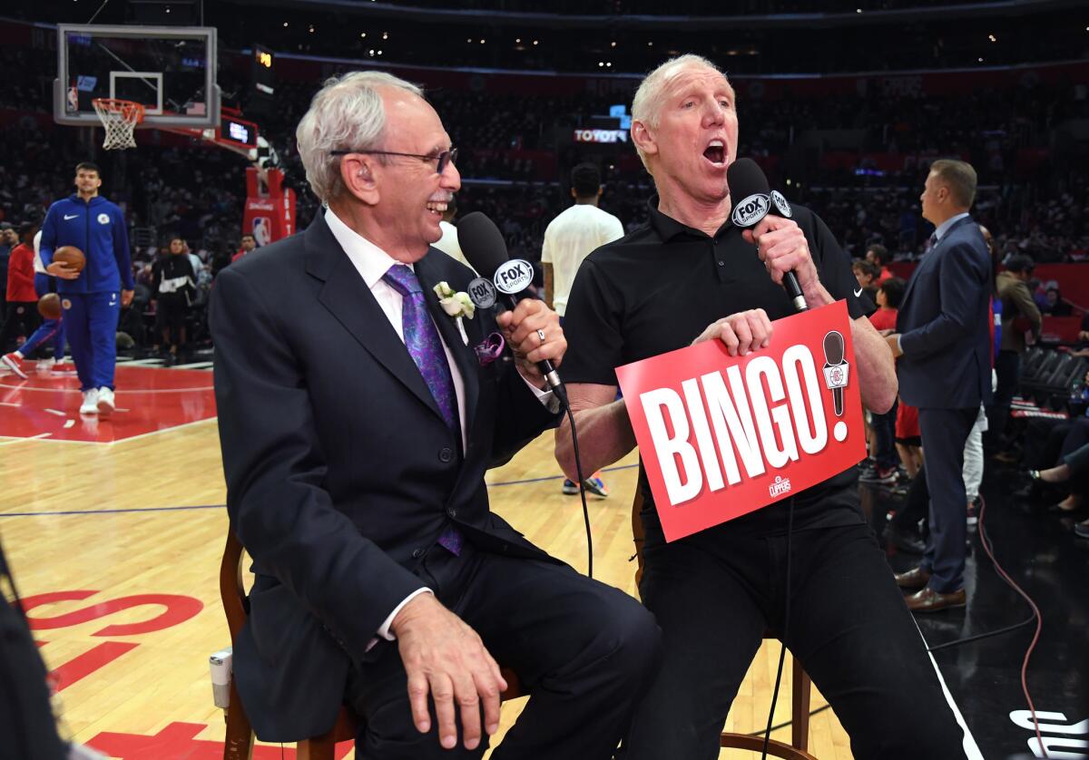 LA Clippers broadcaster Ralph Lawler and Bill Walton talk courtside on Ralph Lawler Night, as the voice of the Clippers for 40 years and will retire at the end of the season before the game between the Utah Jazz and the LA Clippers at Staples Center on April 10, 2019 in Los Angeles, California.
