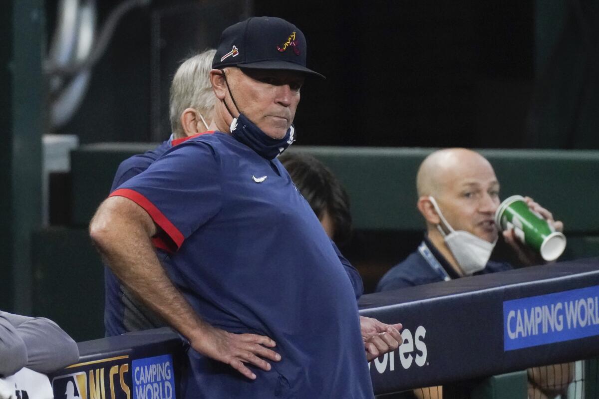 Atlanta Braves manager Brian Snitker watches batting practice before Game 3 of the NLCS on Wednesday.