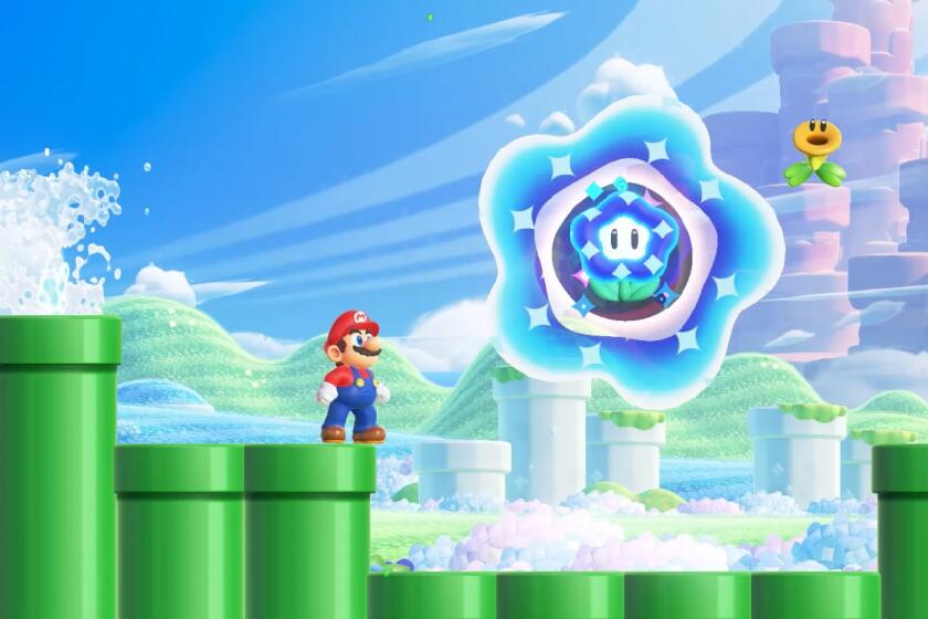 Mario gets ready to leap for a giant flower in "Super Mario Bros. Wonder."