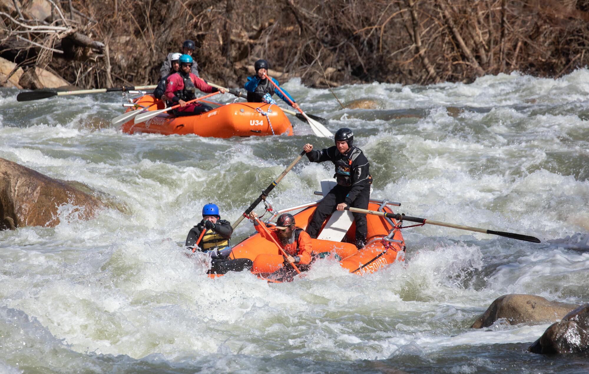 Whitewater rafters navigate the rapids of the Upper Kern River.