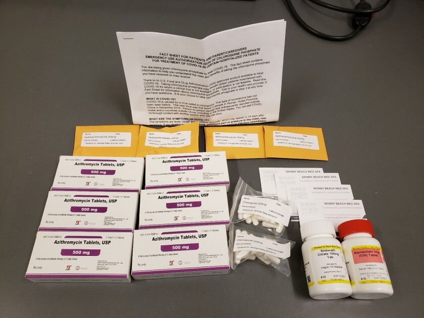 According to the FBI, Dr. Jennings Stanley sent this “COVID-19 management program” to an undercover FBI agent. It contained hydroxychloroquine and chloroquine, both used to fight malaria; generic versions of Xanax and Viagra; and azithromycin, an antibiotic that’s often called a Z-Pak.