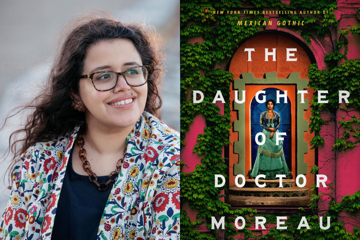 A close-up portrait of a woman in glasses and a flowered shirt next to an image of the cover of a book.