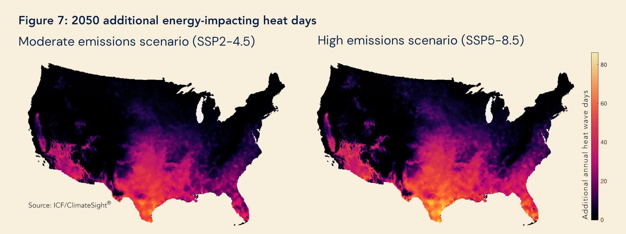 A map shows how increasing heat days could impact energy systems across the country by 2050.