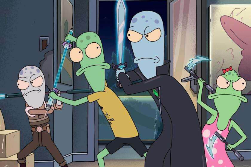 From left: Yumyulack (Sean Giambrone), Terry (Thomas Middleditch), Korvo (Justin Roiland) and Jesse (Mary Mack) in an episode of "Solar Opposites."
