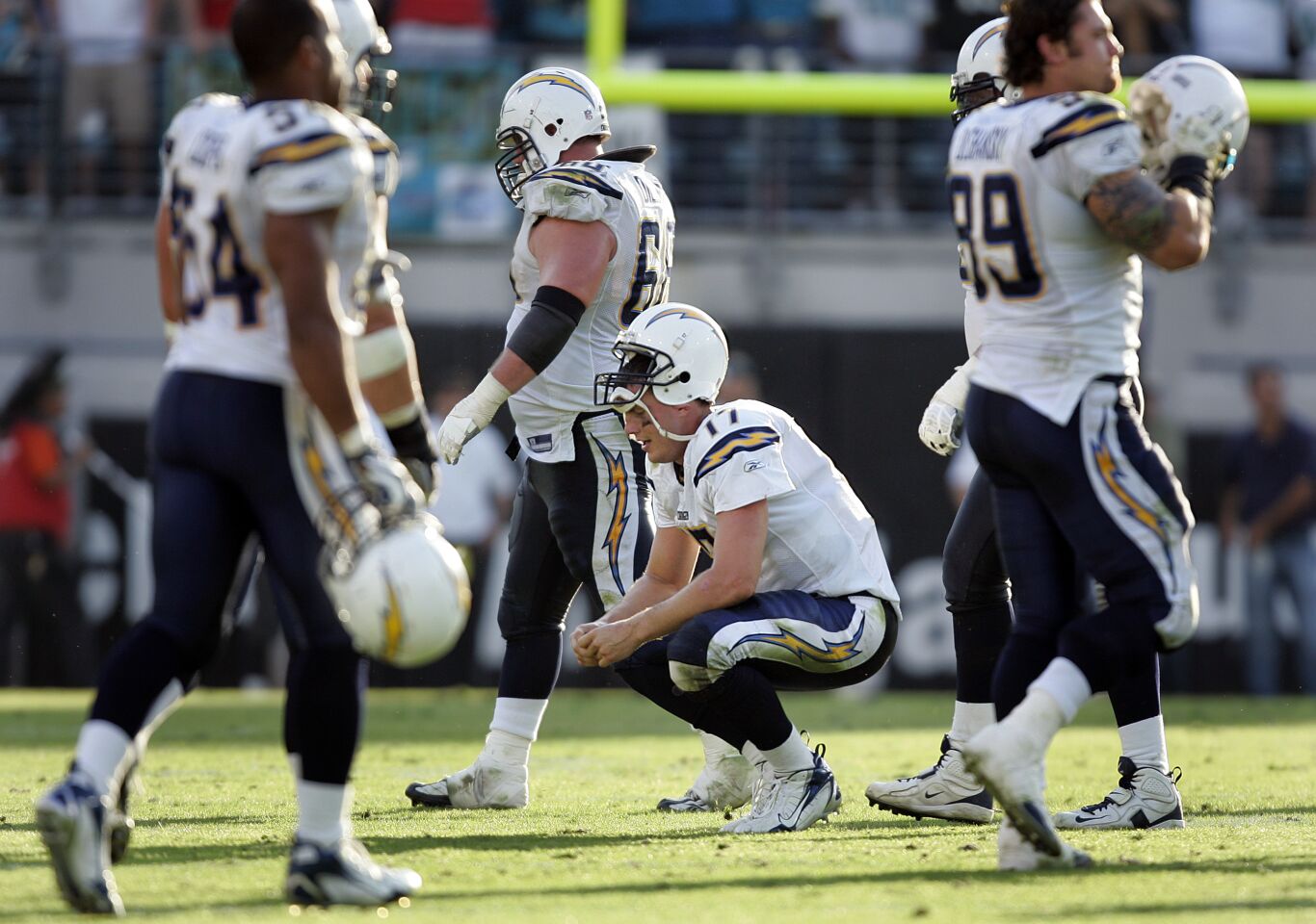 San Diego Chargers Philip Rivers reacts to his 4th quarter interception to Jaguars Sammy Knight for a touchdown in Jacksonville on November 18, 2007.