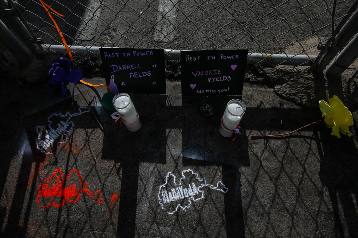 A memorial sits Friday at the site where homeless man Darrel Fields was set on fire and died.

