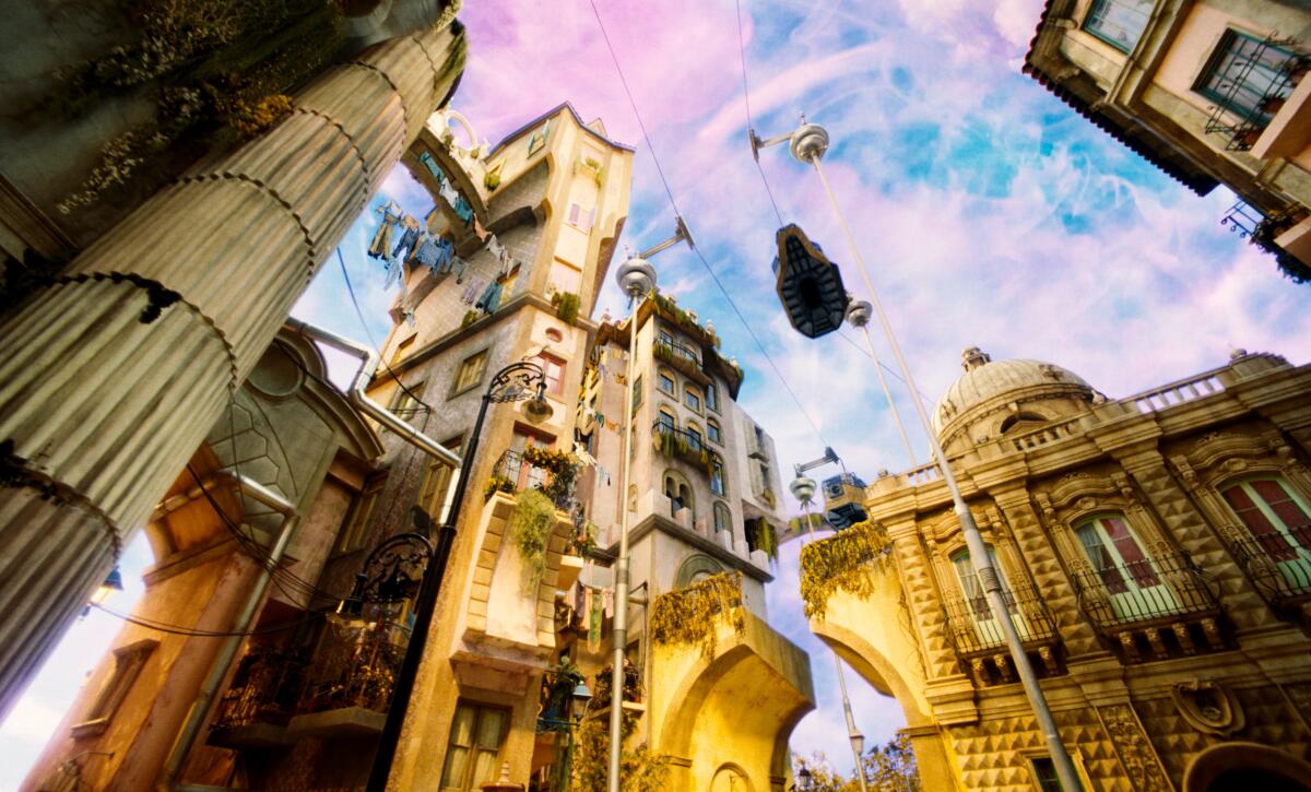 An upward view of a movie set that resembles a city skyline inspired by the baroque architecture of Lisbon.