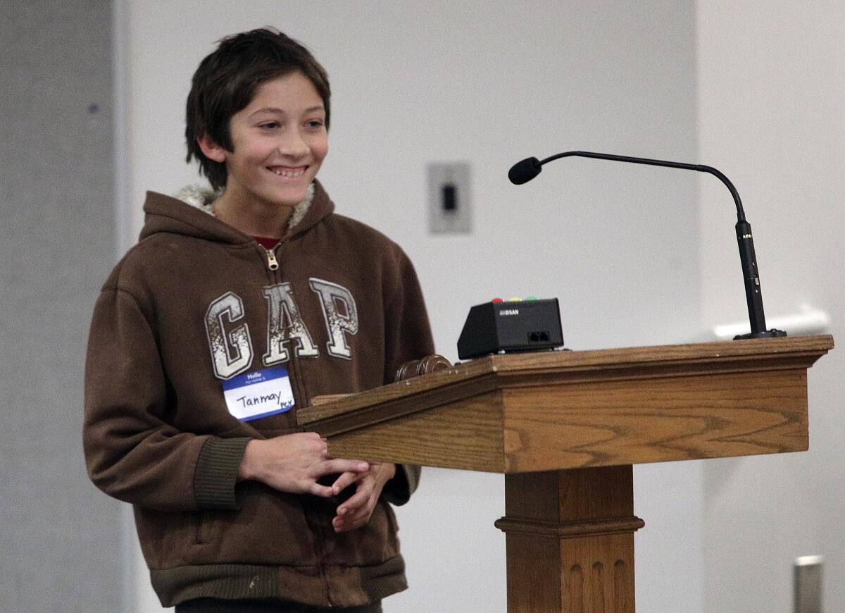 Paradise Canyon Elementary's Tanmay Penanen smiles big after spelling "unanimous" correctly to win the La Cañada Unified School District spelling bee Monday, January 13, 2020. Sixteen fourth- through sixth-graders from four schools participated.