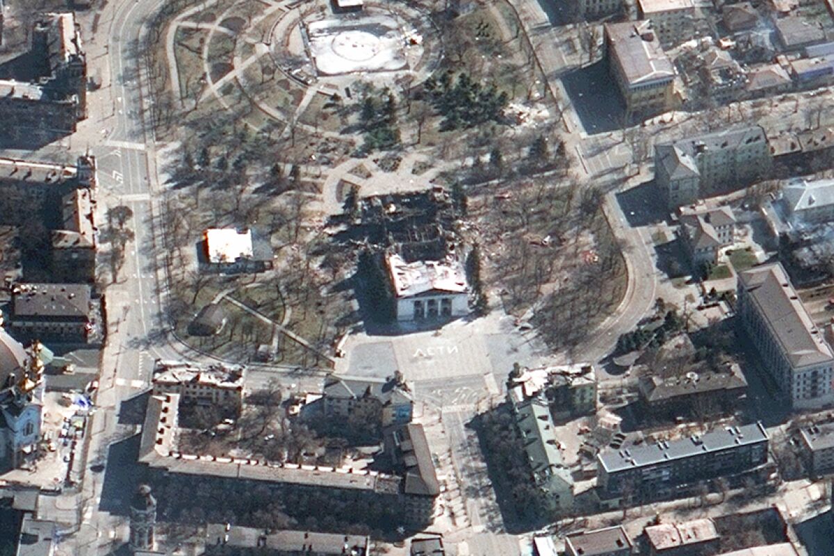 A satellite image shows the Mariupol drama theater after reported airstrikes.