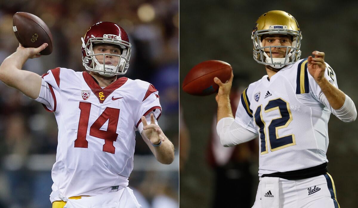 Sam Darnold, left, will lead USC against Mike Fafaul and UCLA on Saturday.