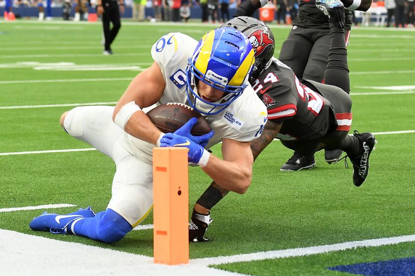 Inglewood, CA. September 26, 2021: Rams receiver Cooper Kupp dives for the end zone.