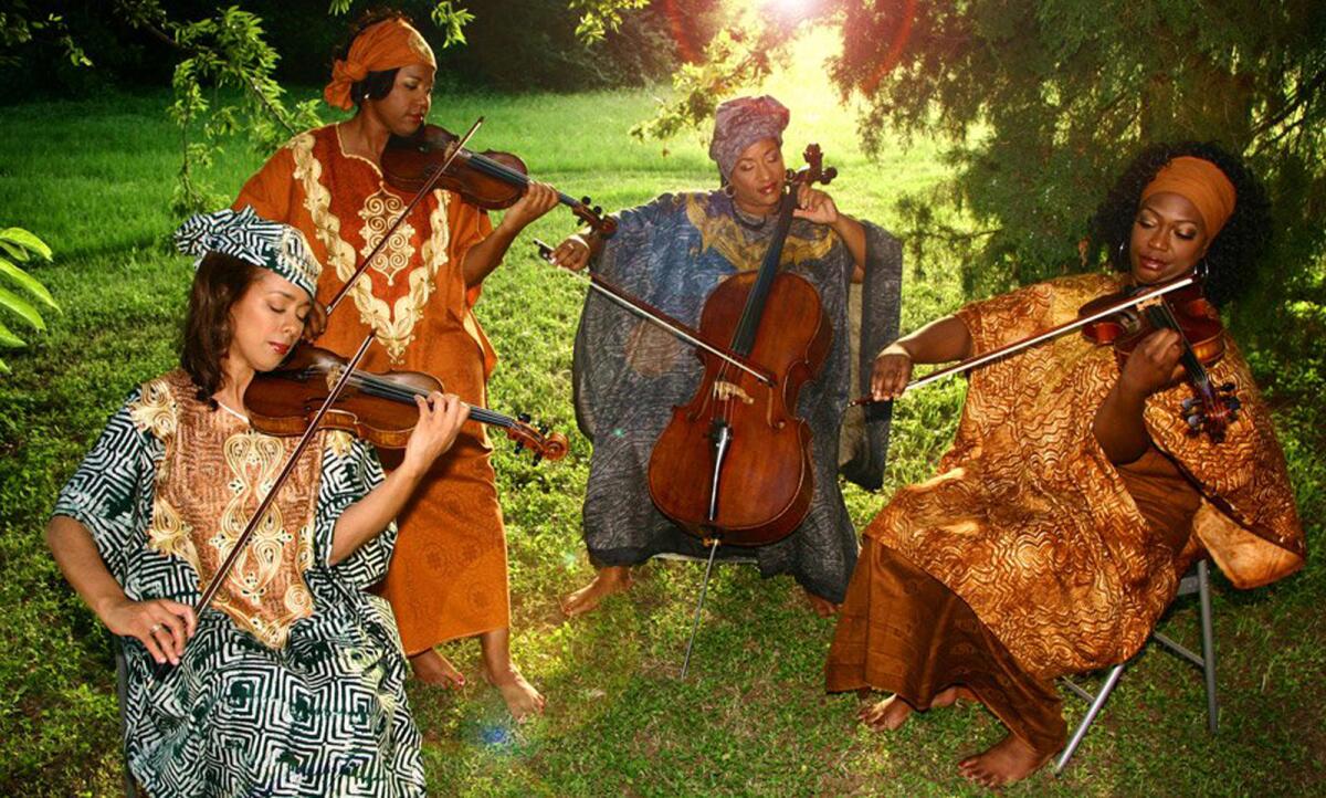 The Marion Anderson String Quartet play instruments on the grass