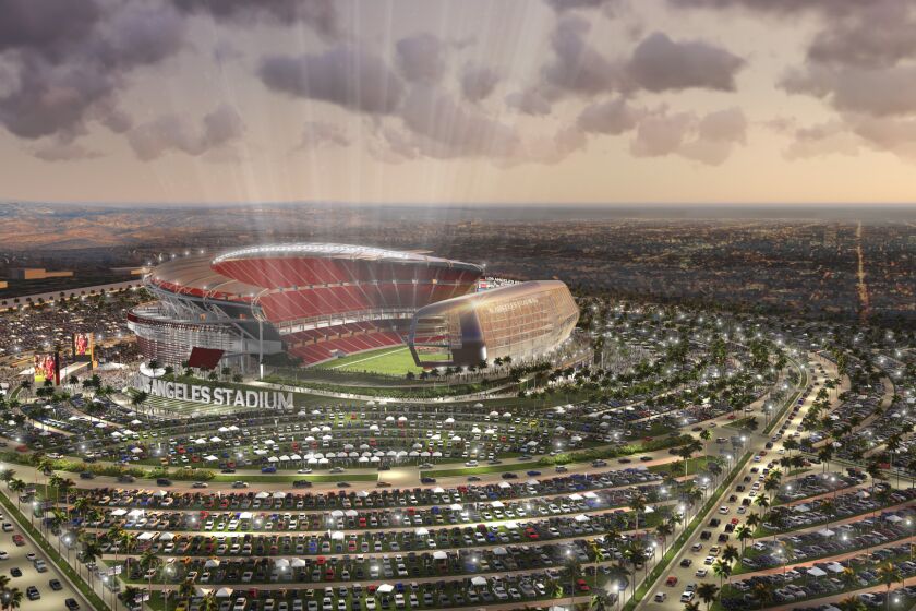 A rendering shows a new NFL football stadium proposed for Carson by the owners of the San Diego Chargers and Oakland Raiders.