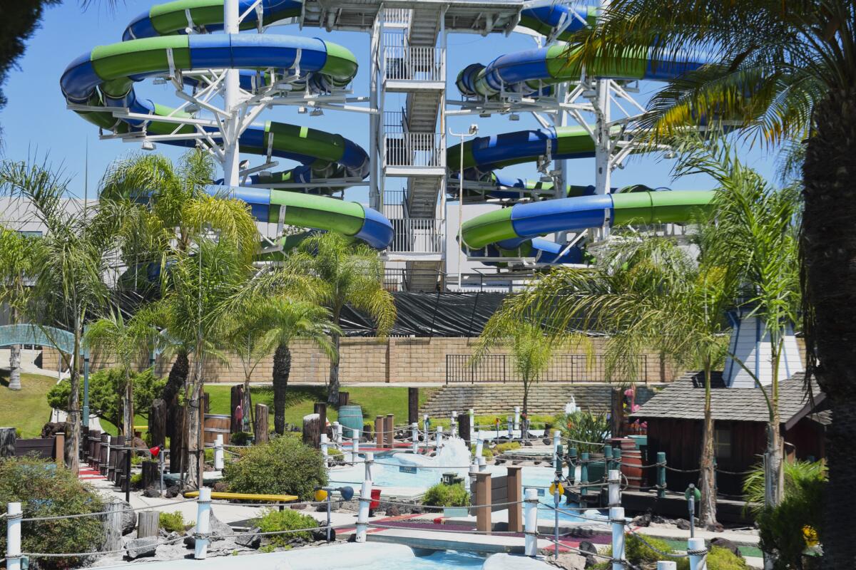 A view of the mini golf course and waterslides at Camelot Golfland
