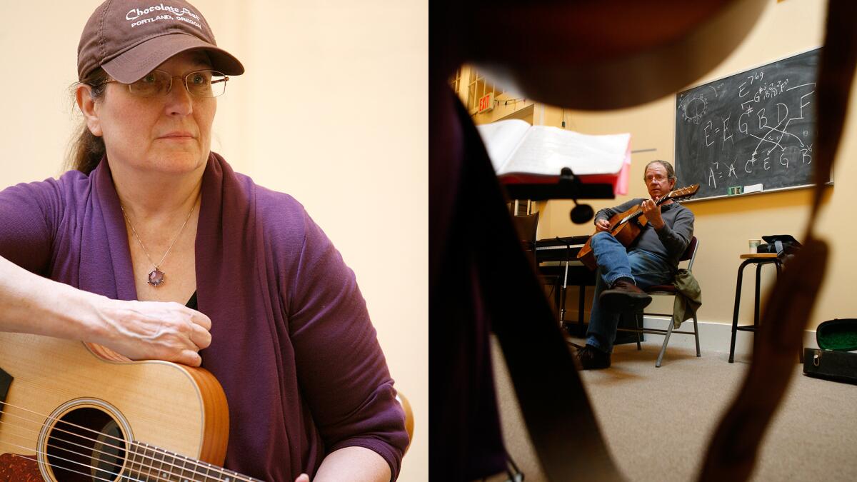 Left: Trish Woodbury participates in Soldier Songs and Voices gathering in Portland. Right: Clayton Knight, Retired US Navy, leads the group in a song.