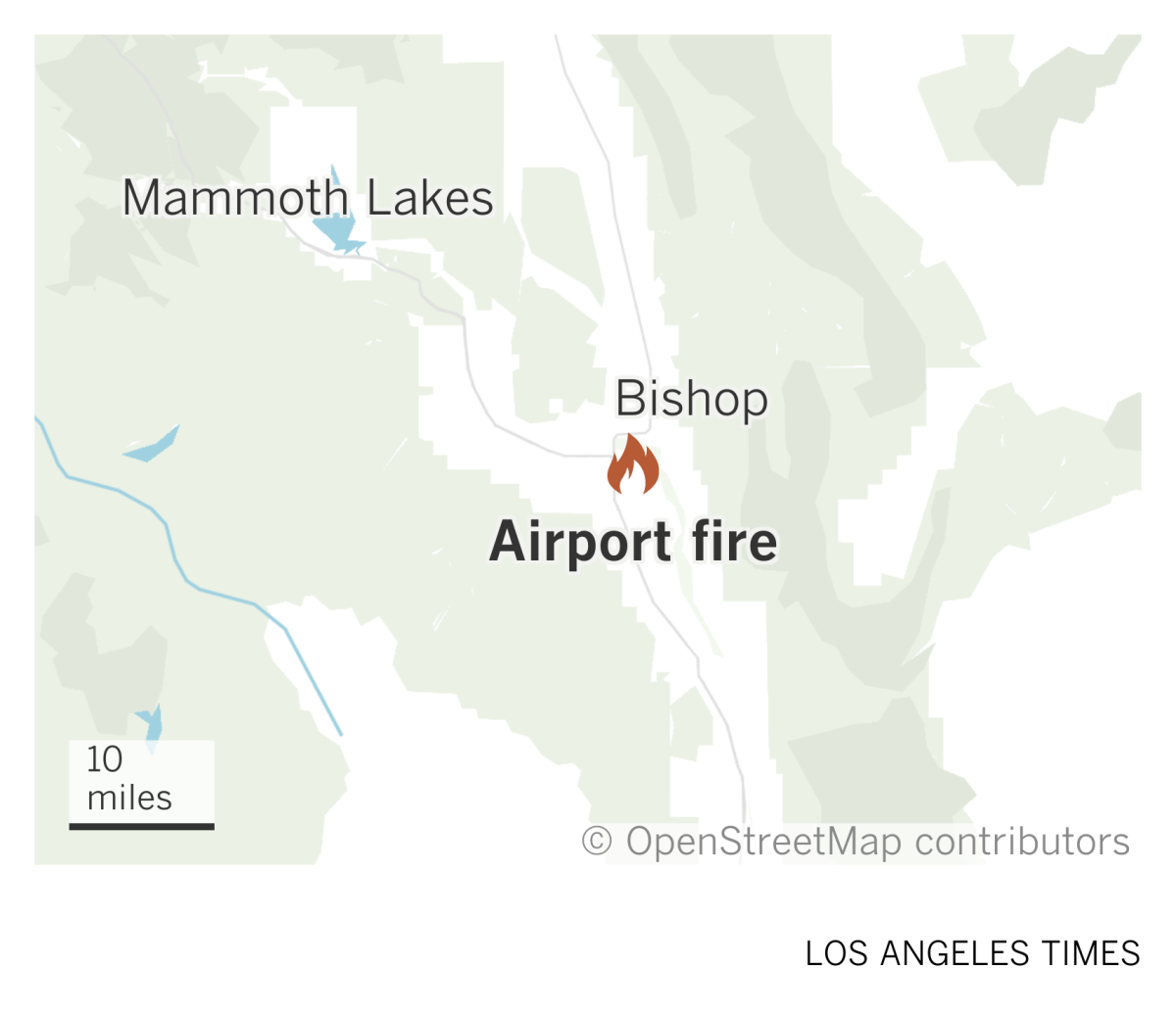 A map of the Owens Valley and Eastern Sierra showing the location of the Airport fire near Bishop