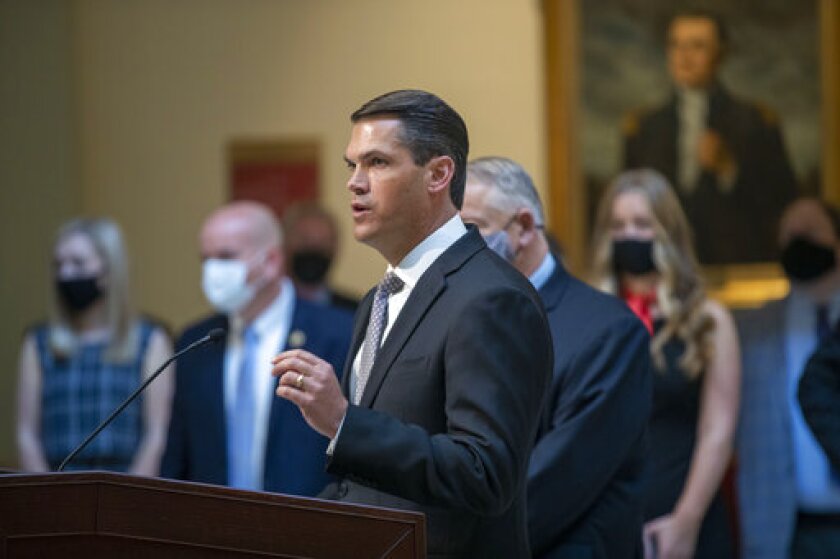 Lt. Gov. Geoff Duncan speaks during a news conference held by Gov. Brian Kemp at the Georgia State Capitol in Atlanta, Monday, March 22, 2021. (Alyssa Pointer/Atlanta Journal-Constitution via AP)