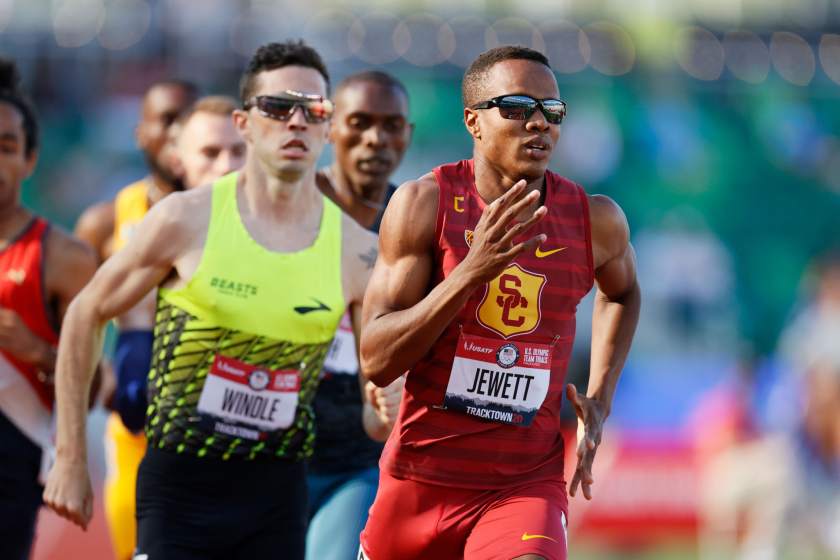 Isaiah Jewett, right, and Drew Windle compete in the men's 800 meters at the U.S. track and field trials on June 18.