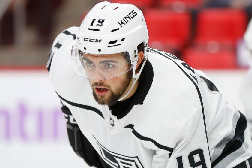 Los Angeles Kings center Alex Iafallo (19) plays against the Detroit Red Wings in the second period of an NHL hockey game Tuesday, Nov. 28, 2017, in Detroit. (AP Photo/Paul Sancya)