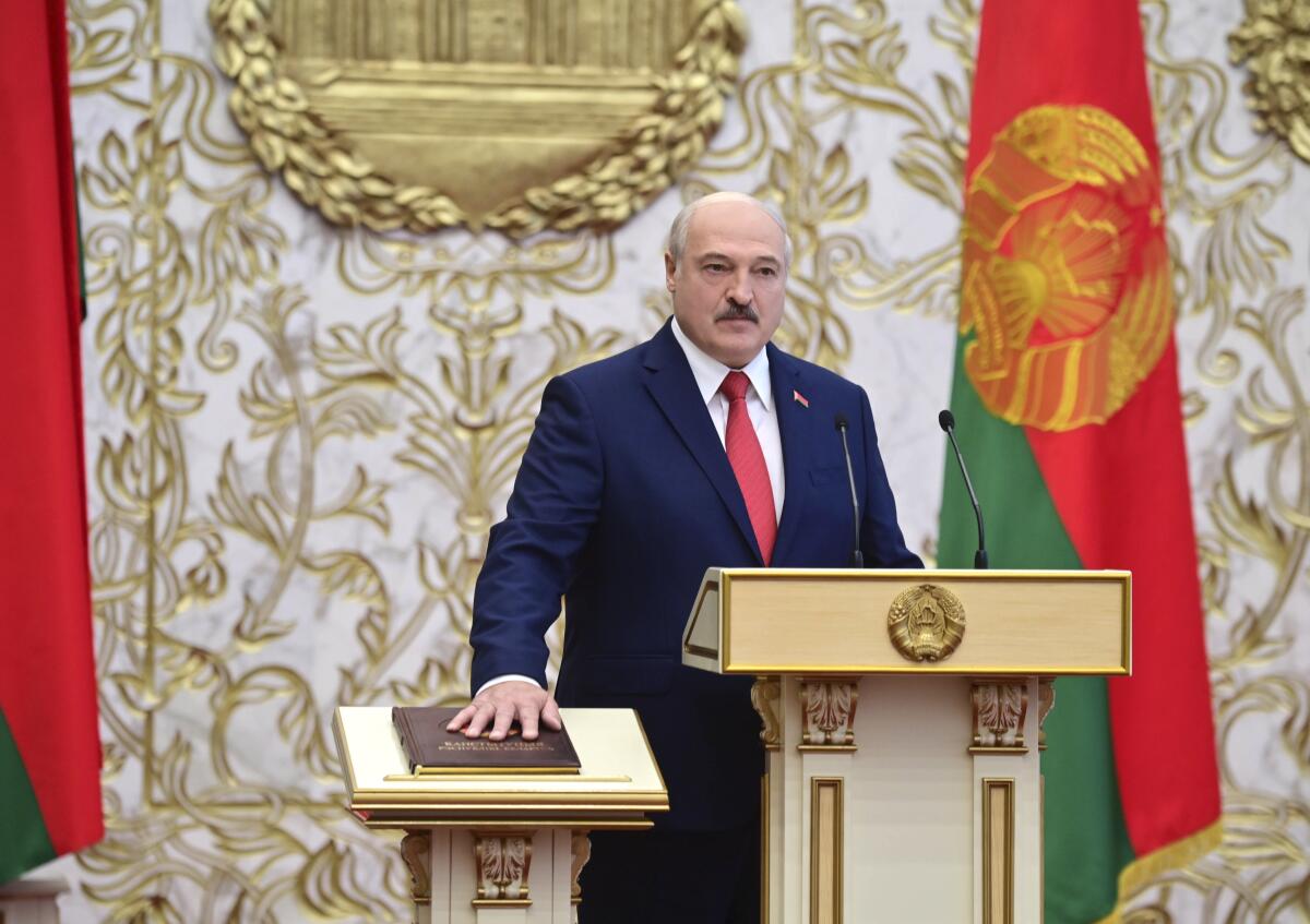 Belarusian President Alexander Lukashenko takes the oath of office Wednesday.