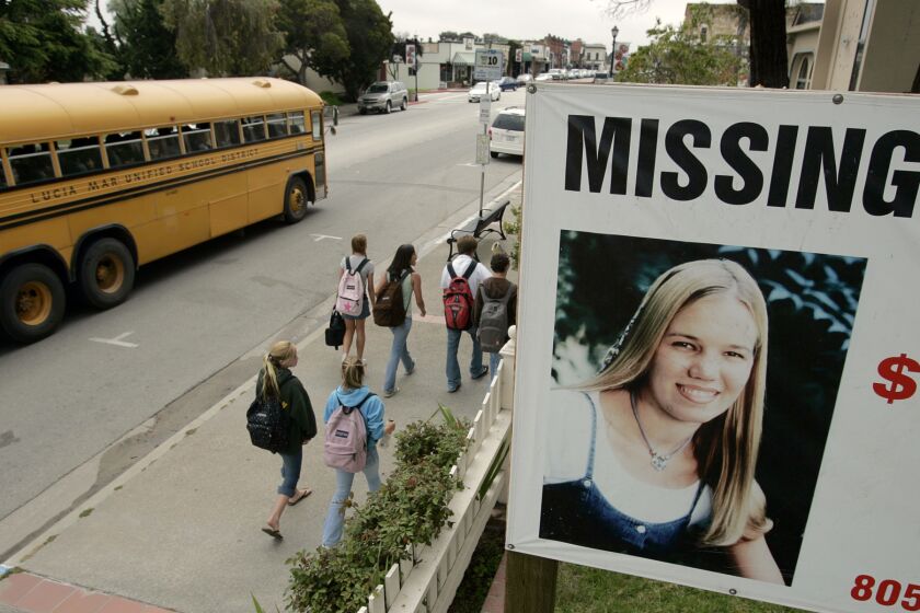 A missing sign showing Kristin Smart, a Cal Poly San Luis Obispo student at the time she vanished in 1996. Smart was declared legally dead in 2002, though her body was never recovered.