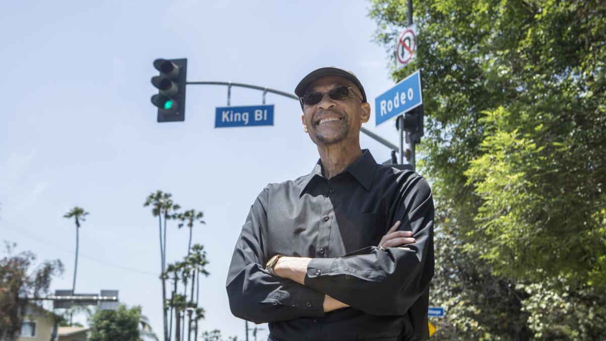 Earl Ofari Hutchinson is photographed at the intersection of Rodeo Road and Martin Luther King Jr. Boulevard.