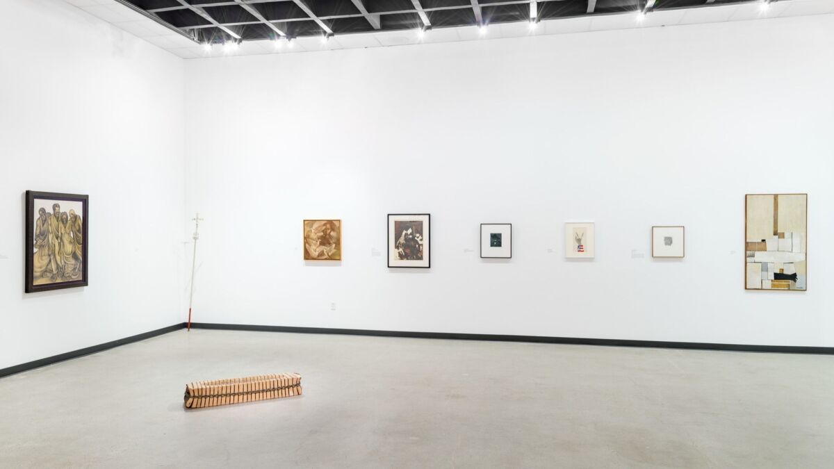 An installation view of "Life Model: Charles White and His Students" at LACMA's Charles White Elementary School gallery.